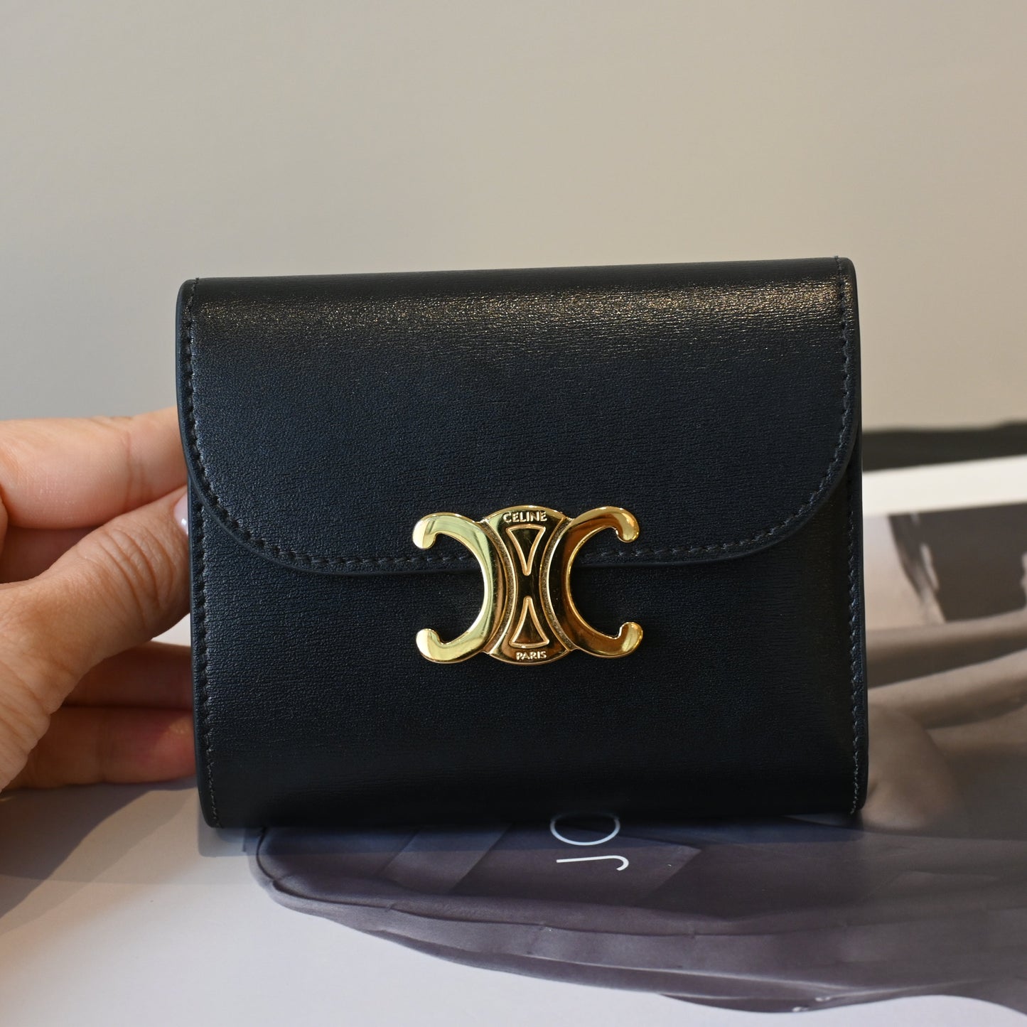 Celine Triomphe Leather Compact Wallet Black