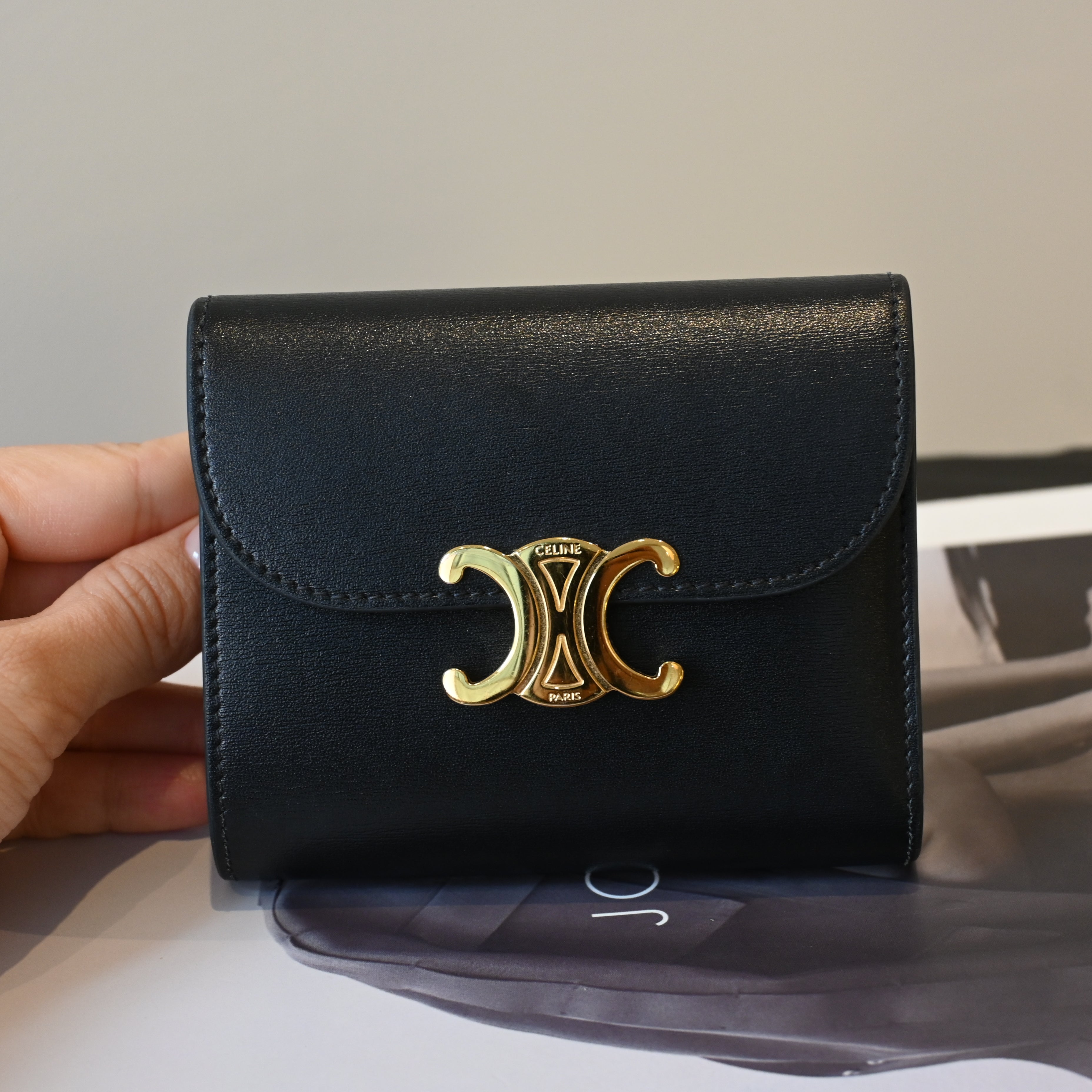 Celine Triomphe Leather Compact Wallet Black - Leluxe Vintage Sdn. Bhd.