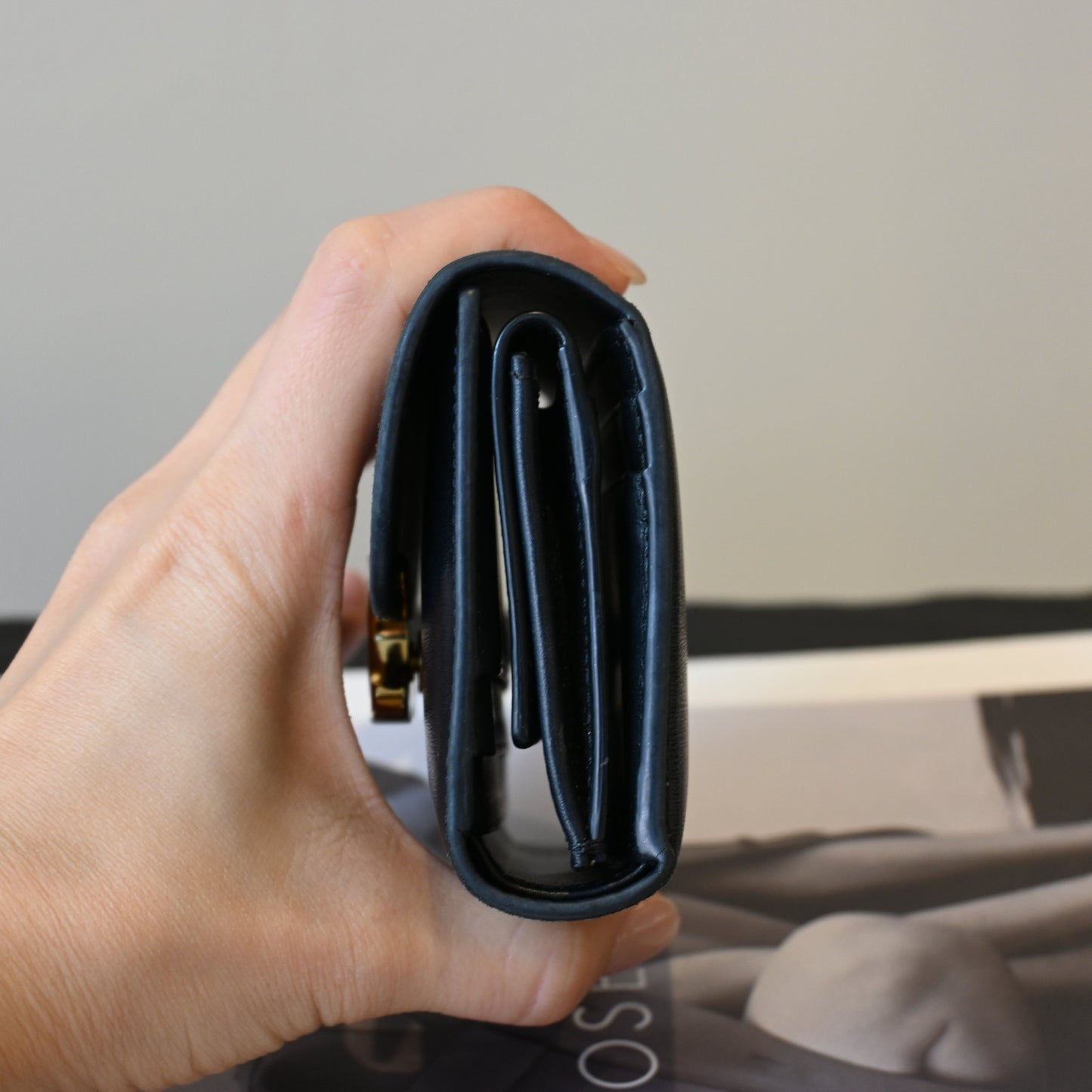 Celine Triomphe Leather Compact Wallet Black