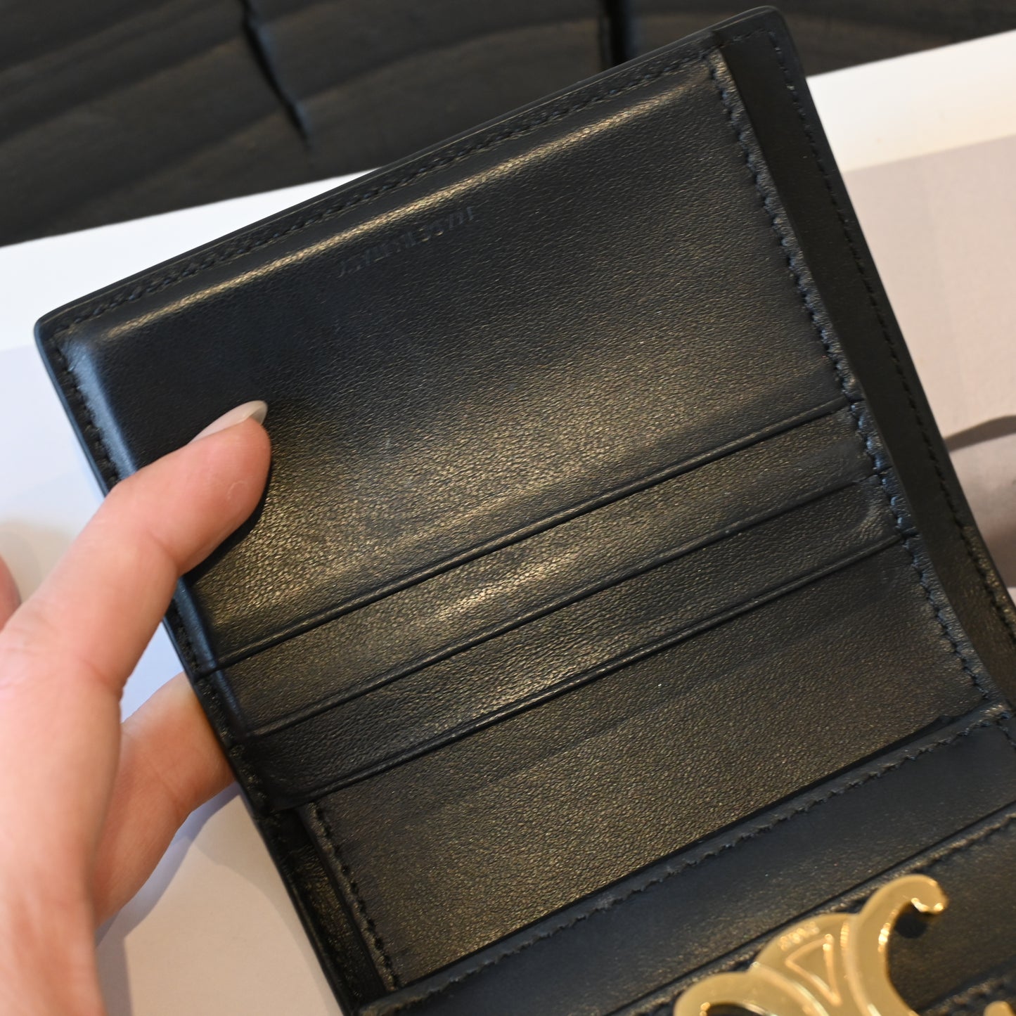 Celine Triomphe Leather Compact Wallet Black