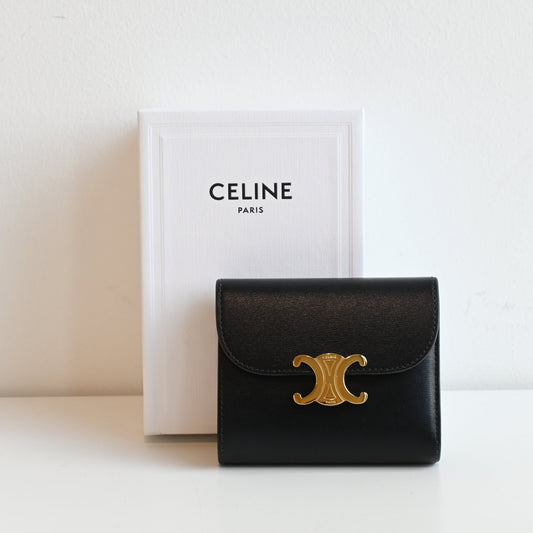 Celine Triomphe Leather Compact Wallet Black