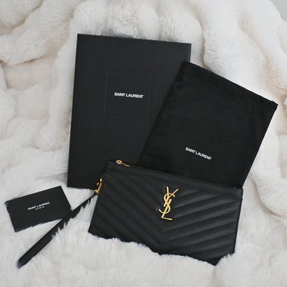 Yves Saint Laurent Black Matelasse Leather Large Cassandre Zip Pouch