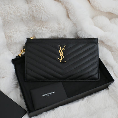 Yves Saint Laurent Black Matelasse Leather Large Cassandre Zip Pouch