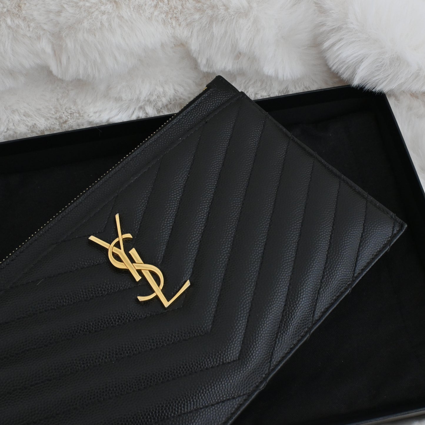 Yves Saint Laurent Black Matelasse Leather Large Cassandre Zip Pouch