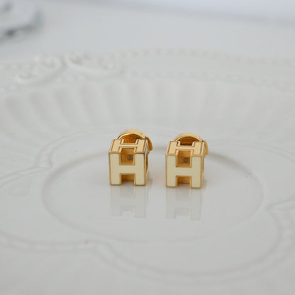 Hermes Cage d'H Golden Earrings White