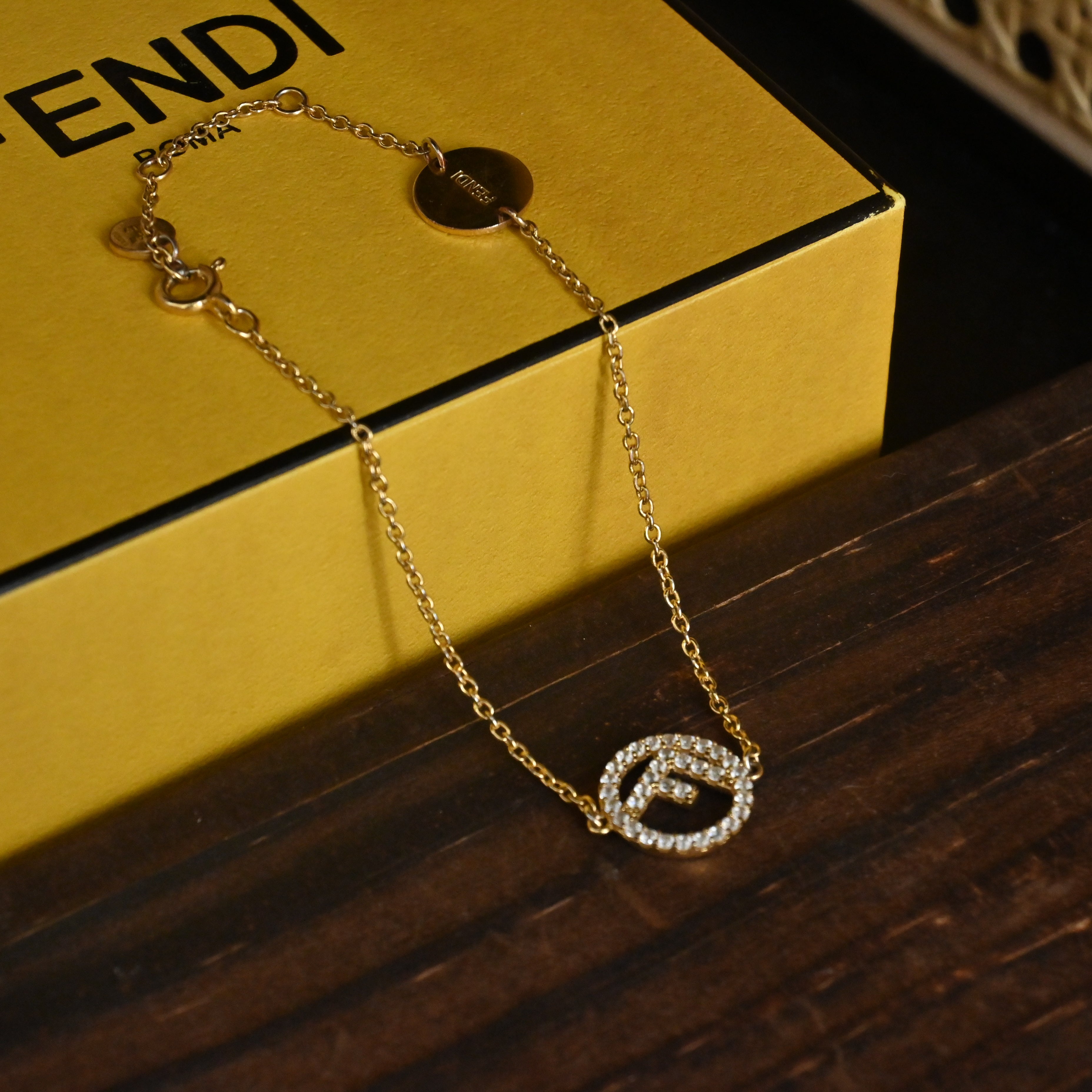 F is Fendi Crystal Logo Gold Tone Link Bracelet - Leluxe Vintage Sdn. Bhd.