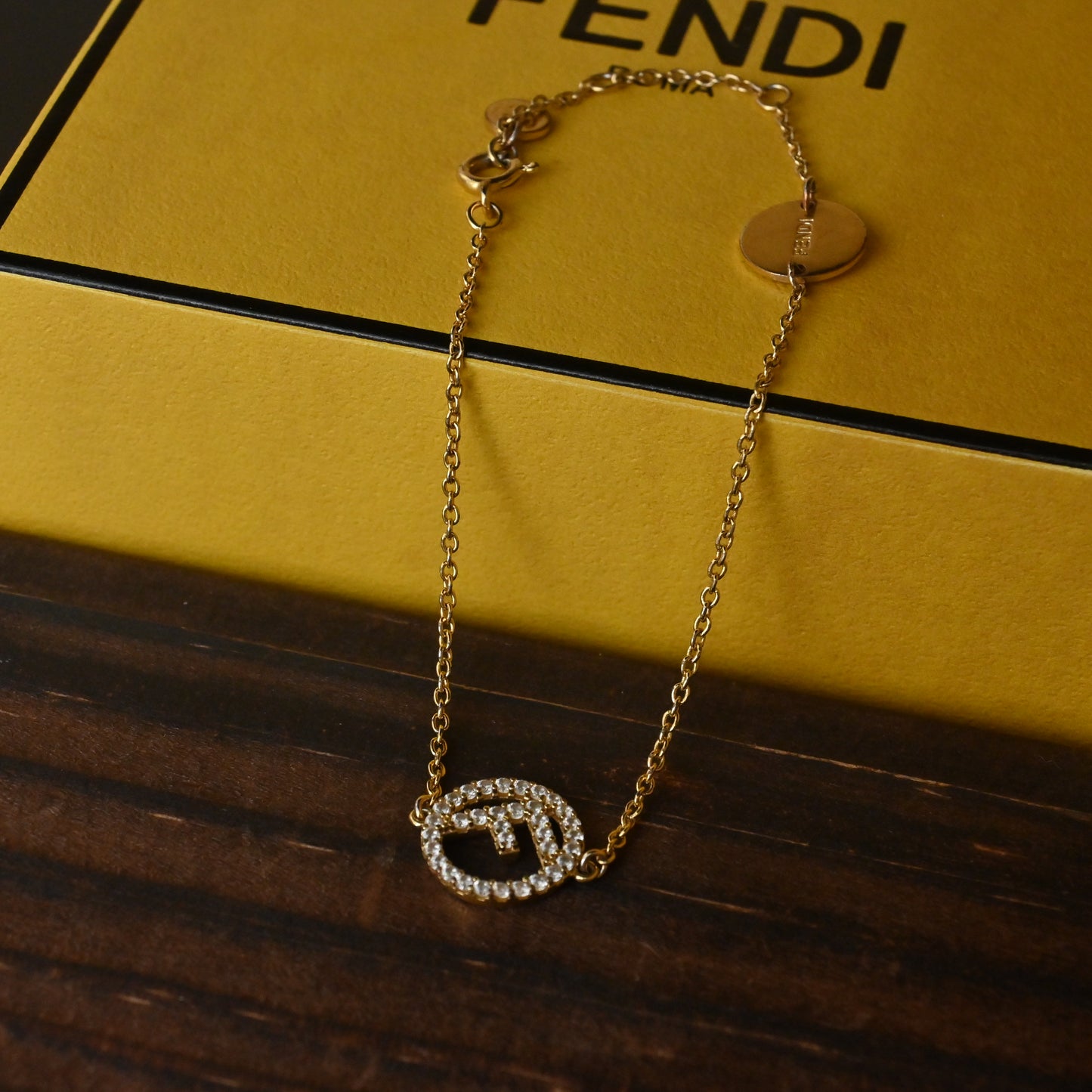 F is Fendi Crystal Logo Gold Tone Link Bracelet