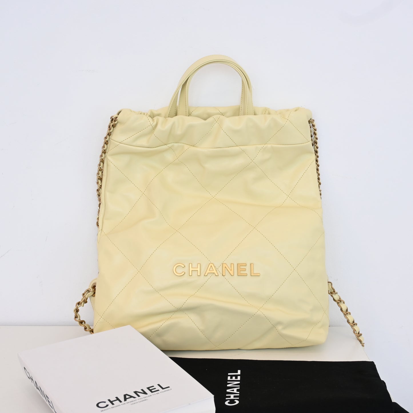 Chanel 22 Backpack Shiny Calfskin Light Yellow Brushed