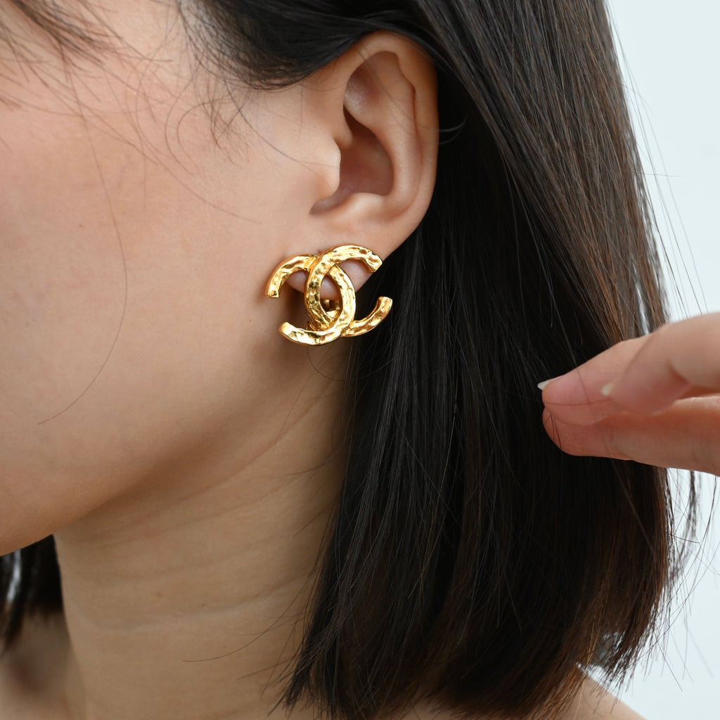 Chanel Coco Earclips with Hammered Texture - Leluxe Vintage Sdn. Bhd.