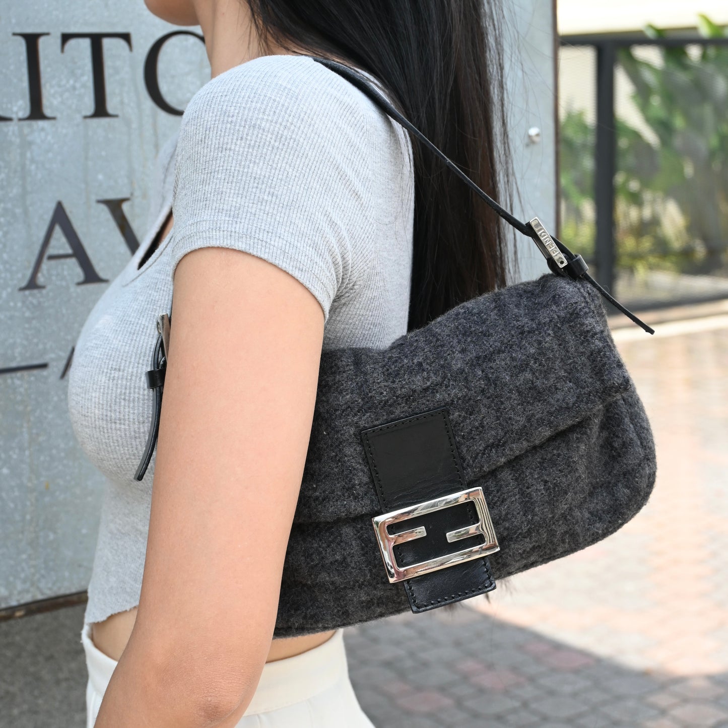 Fendi Zucca Baguette Wool Gray
