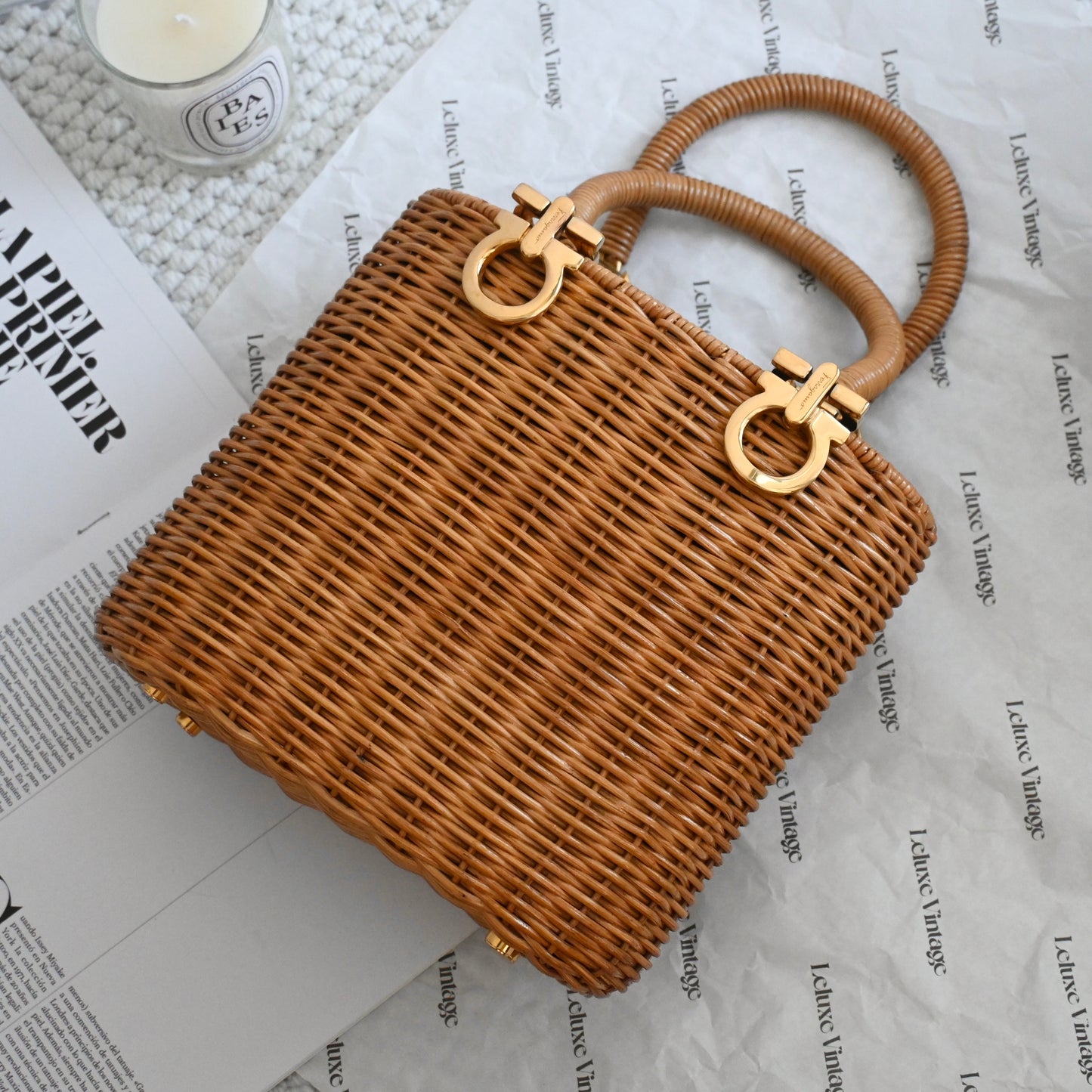 Salvatore Ferragamo Gancini Wicker Rattan Basket Bag