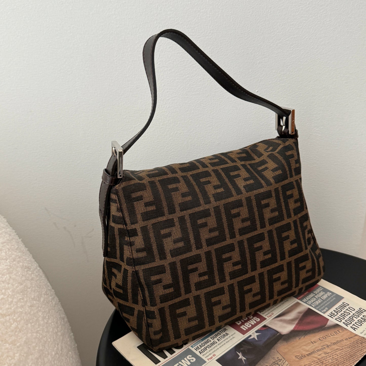 Fendi Zucca Monogram Canvas & Leather Shoulder Bag Brown