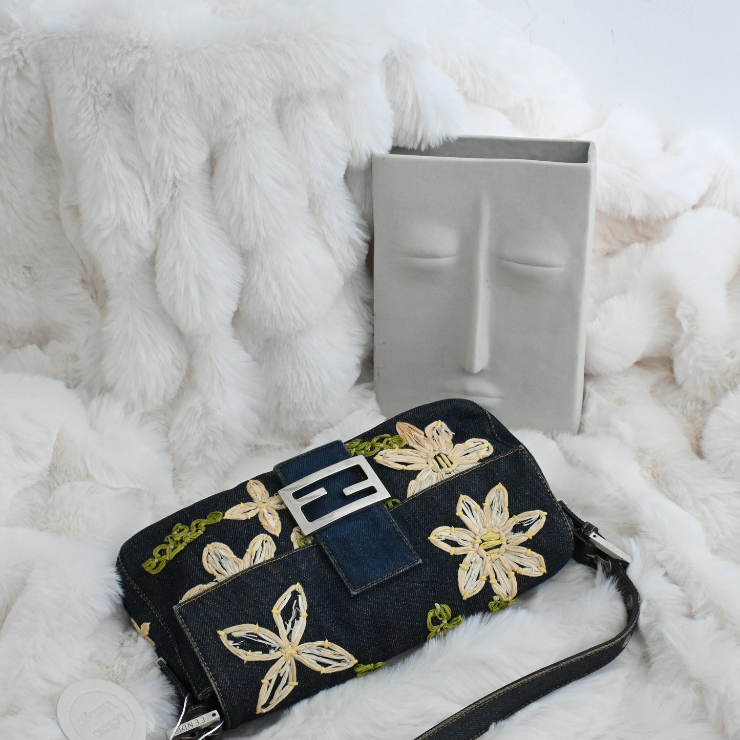 Fendi Denim Floral Embroidered Baguette