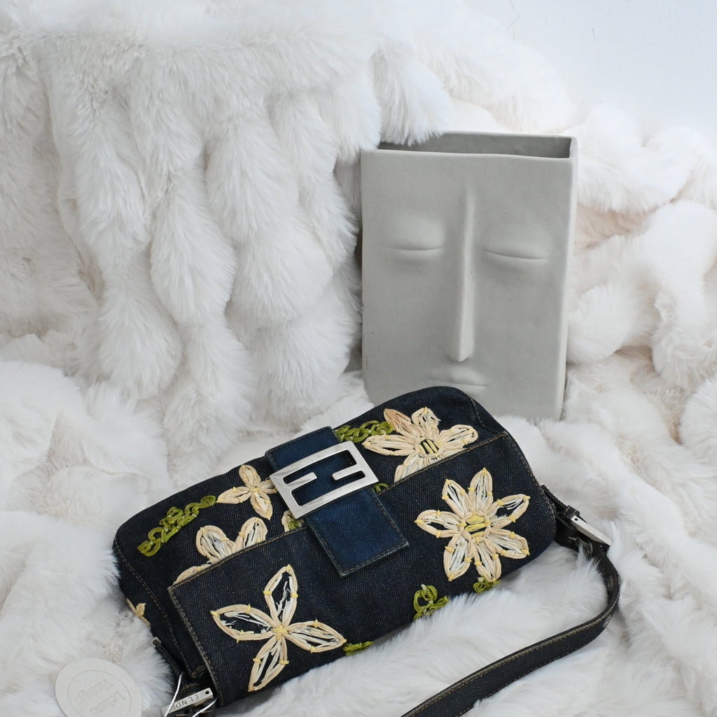 Fendi Denim Floral Embroidered Baguette - Leluxe Vintage Sdn. Bhd.