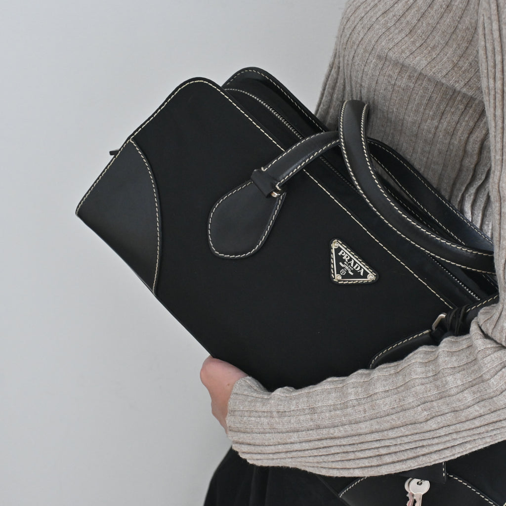 Prada Black Nylon Contrast Stitching Shoulder Bag