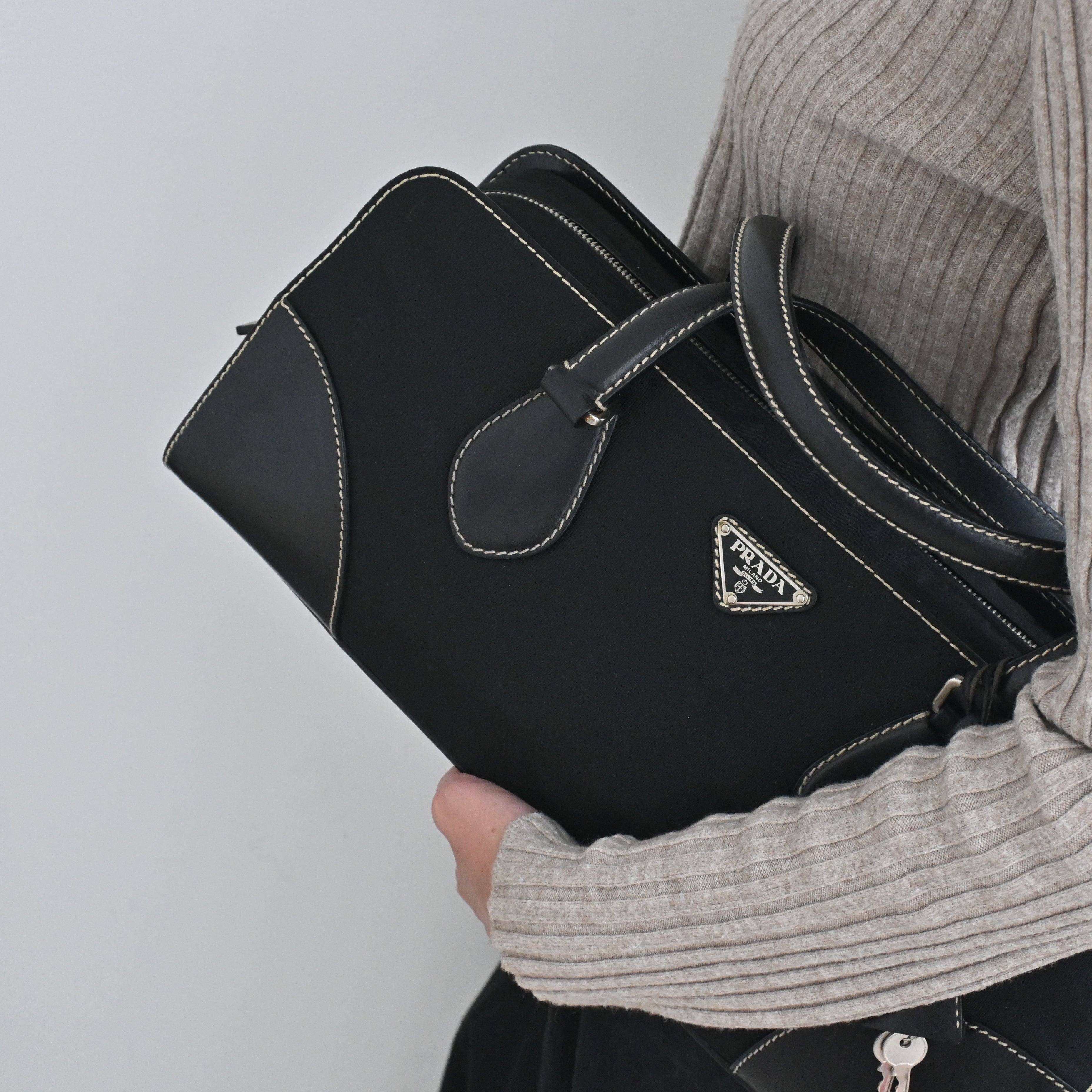 Prada Black Nylon Contrast Stitching Shoulder Bag