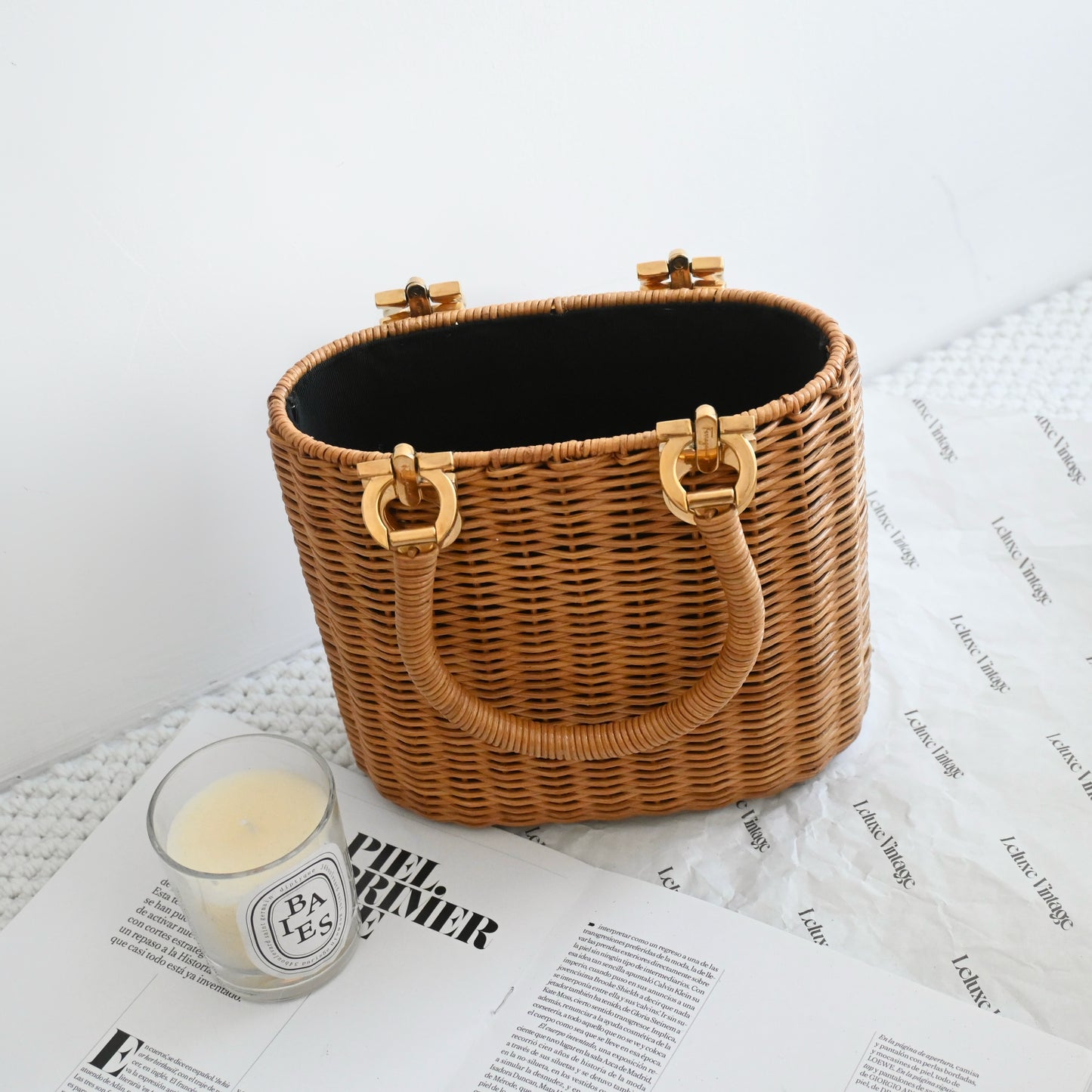 Salvatore Ferragamo Gancini Wicker Rattan Basket Bag