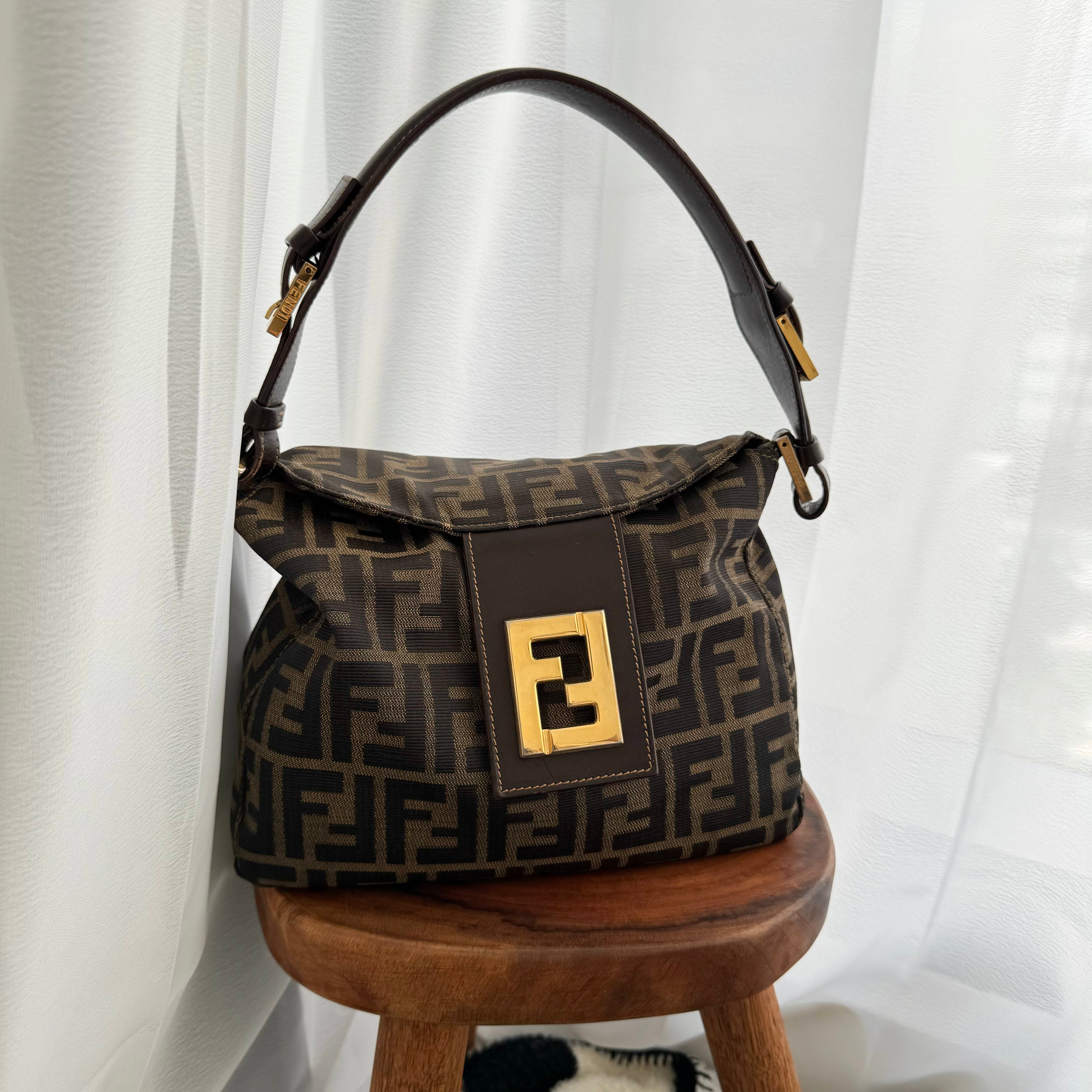 Fendi Zucca Monogram Shoulder Bag with FF Logo Buckle - Leluxe Vintage Sdn. Bhd.