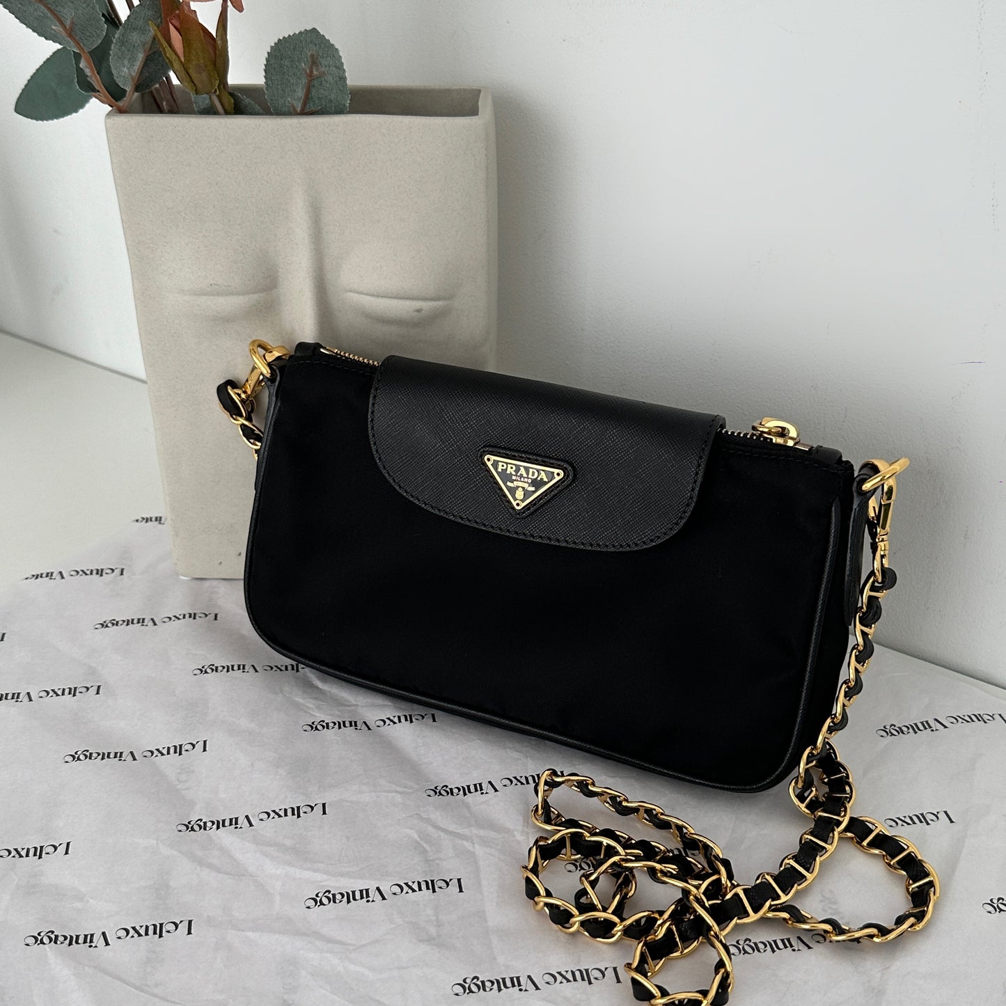 Prada Tessuto Saffiano Nylon Leather Black Chain