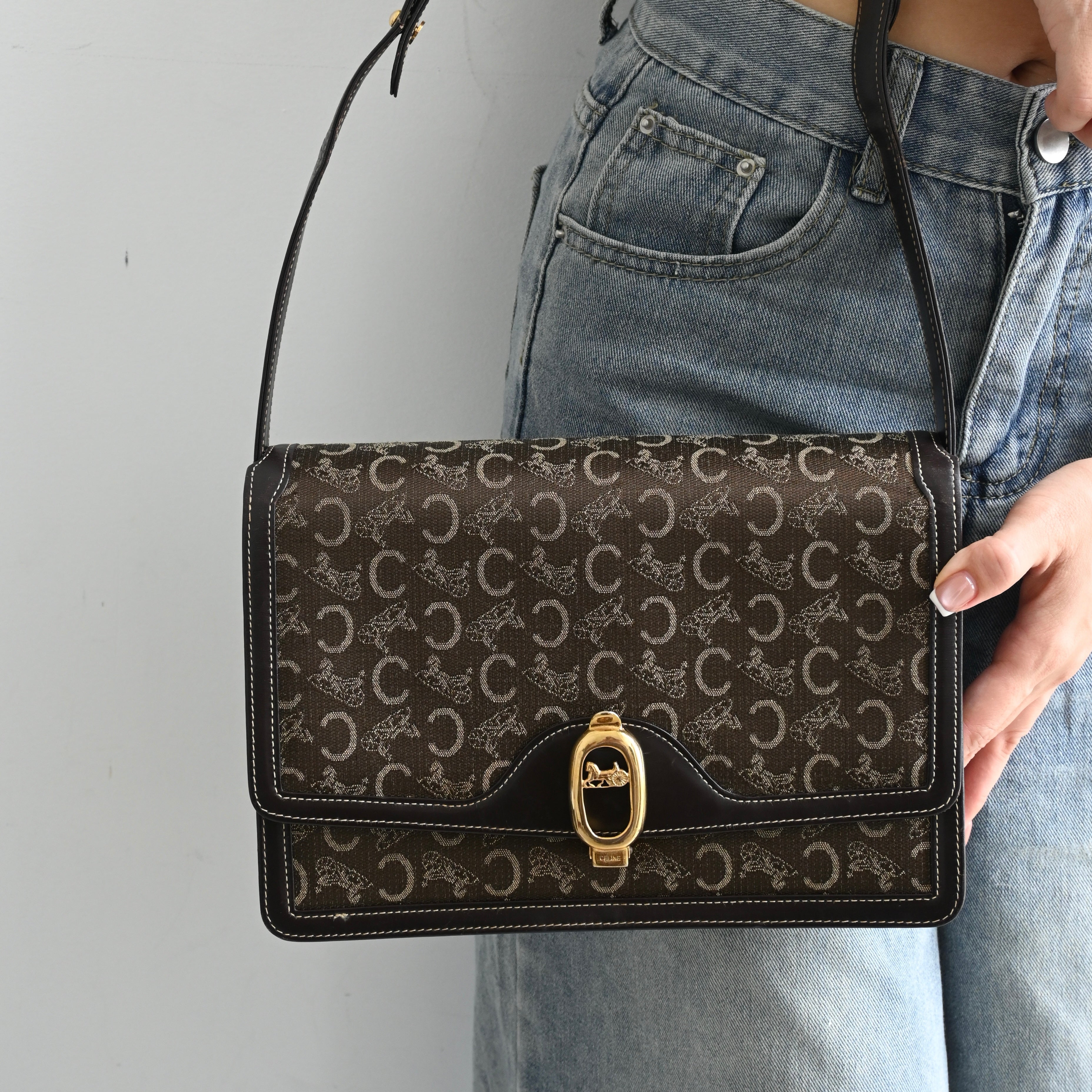 Celine Horse Carriage Brown Macadam Cloth Shoulder Bag