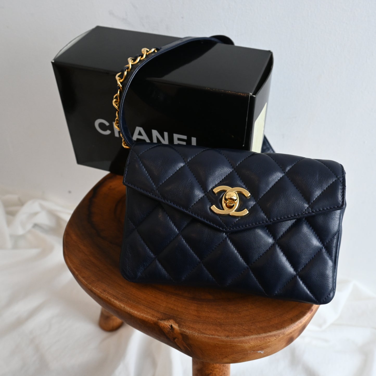 Chanel Navy Lambskin Chain Beltbag 80’s