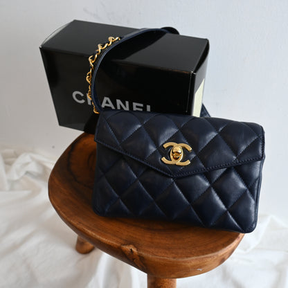 Chanel Navy Lambskin Chain Beltbag 80’s