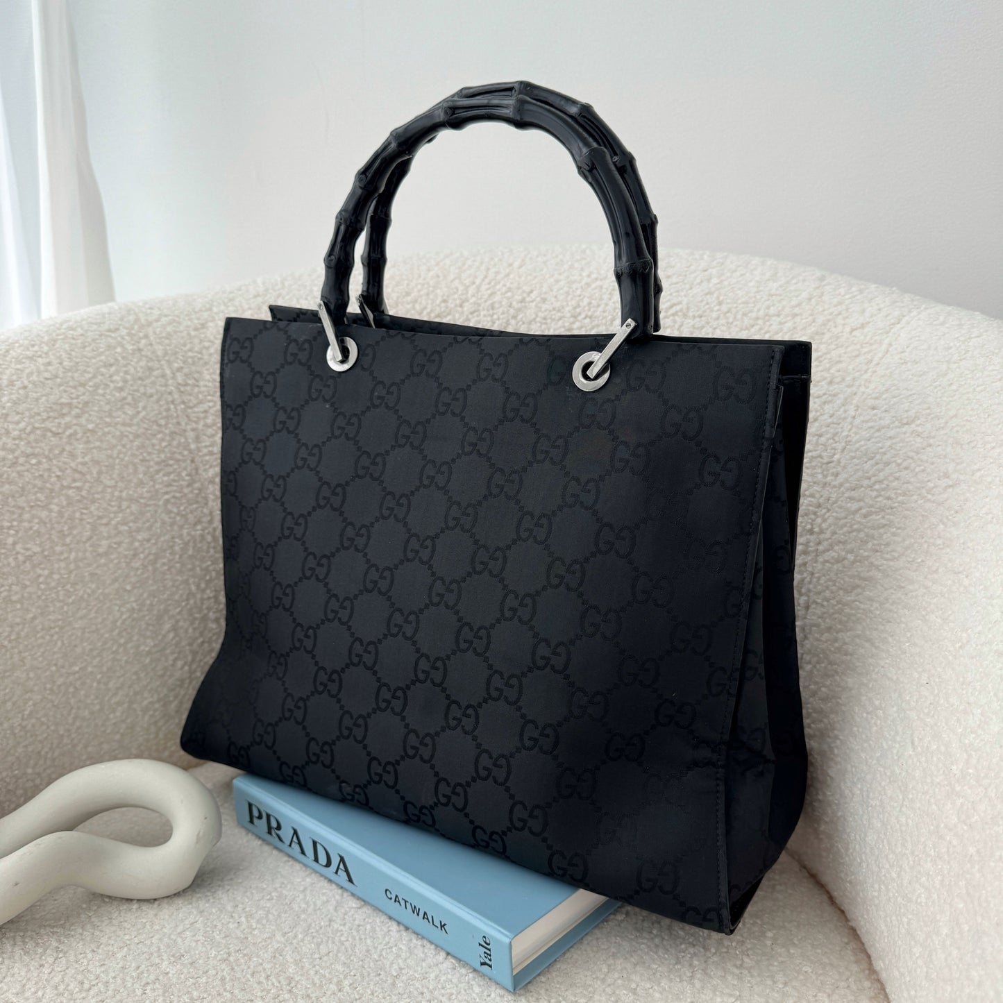 Gucci Black GG Canvas Bamboo Tote - Leluxe Vintage Sdn. Bhd.