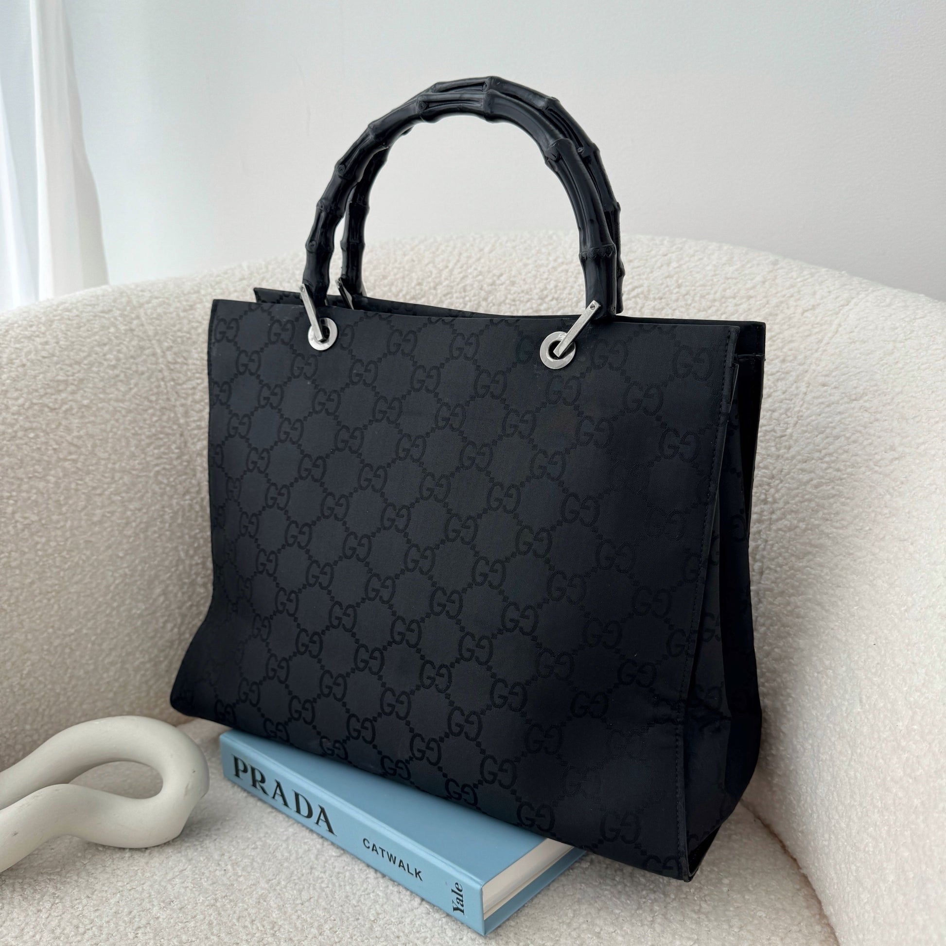 Gucci Black GG Canvas Bamboo Tote - Leluxe Vintage Sdn. Bhd.
