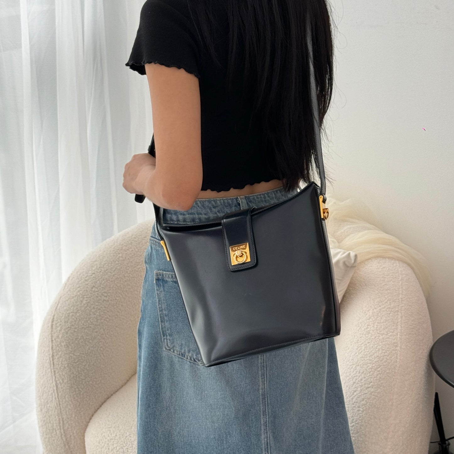 Celine Vintage Navy Gancini Bucket Bag