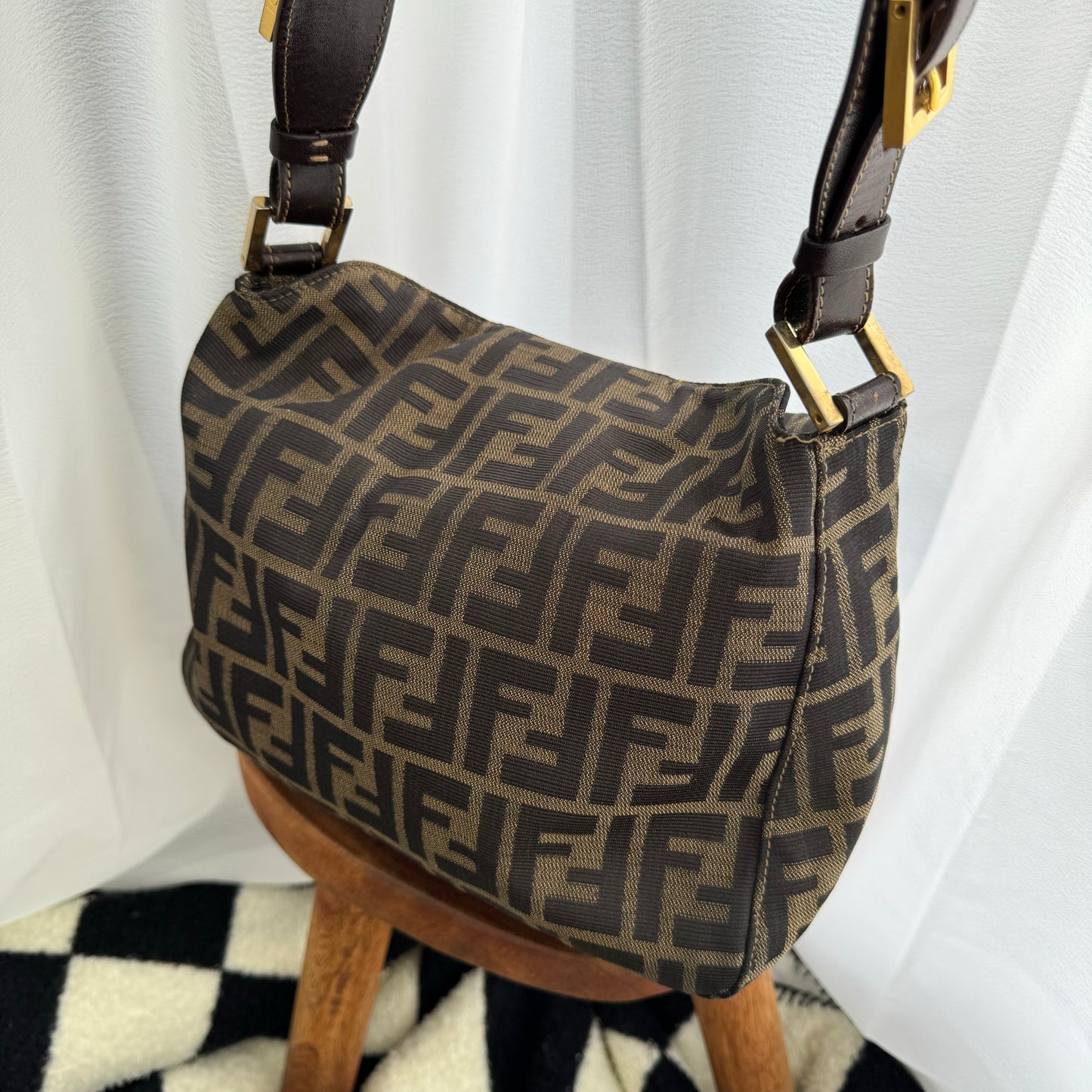 Fendi Zucca Monogram Shoulder Bag with FF Logo Buckle