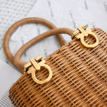 Salvatore Ferragamo Gancini Wicker Rattan Basket Bag