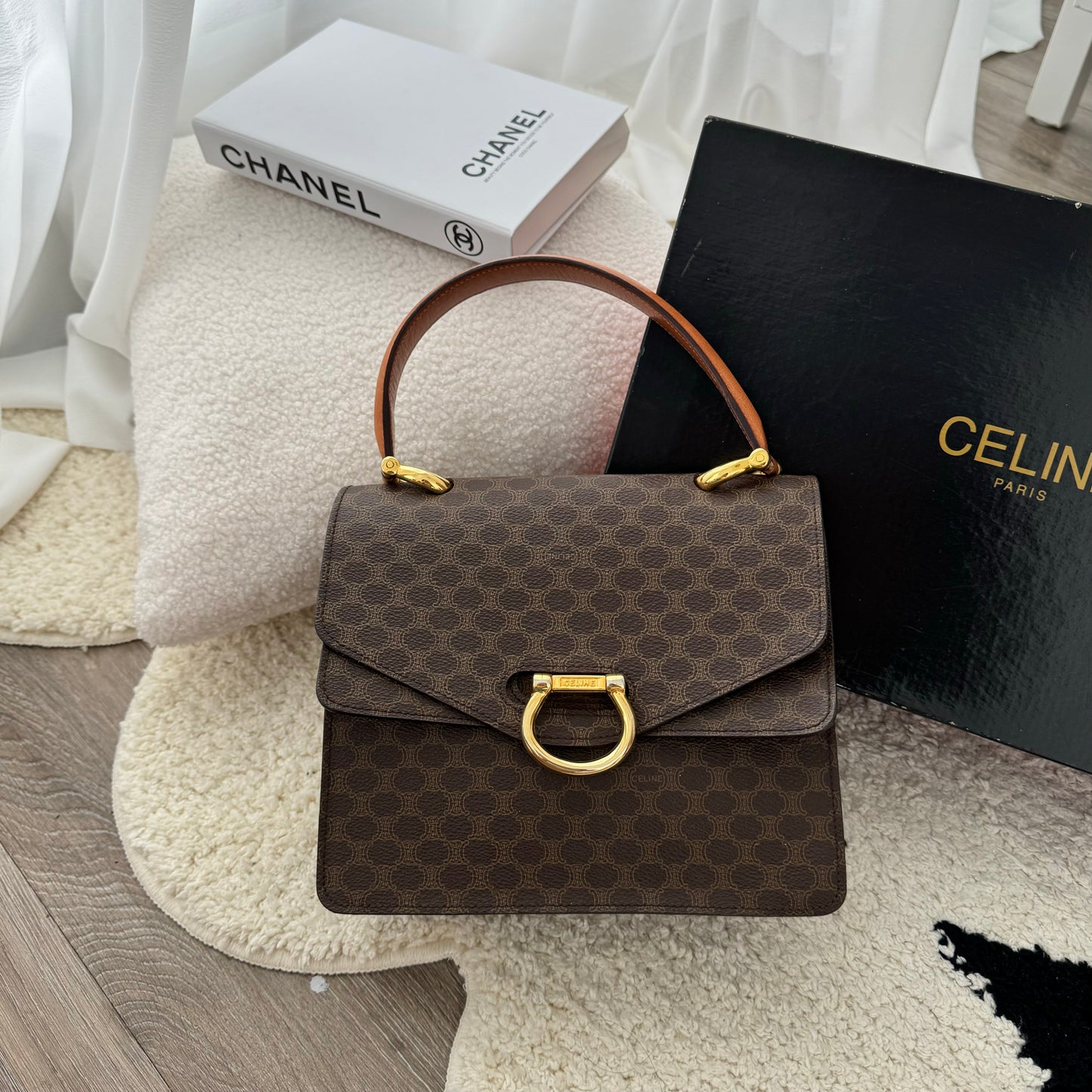 Celine Triomphe Macadam Monogram Double Flap Top Handle Bag