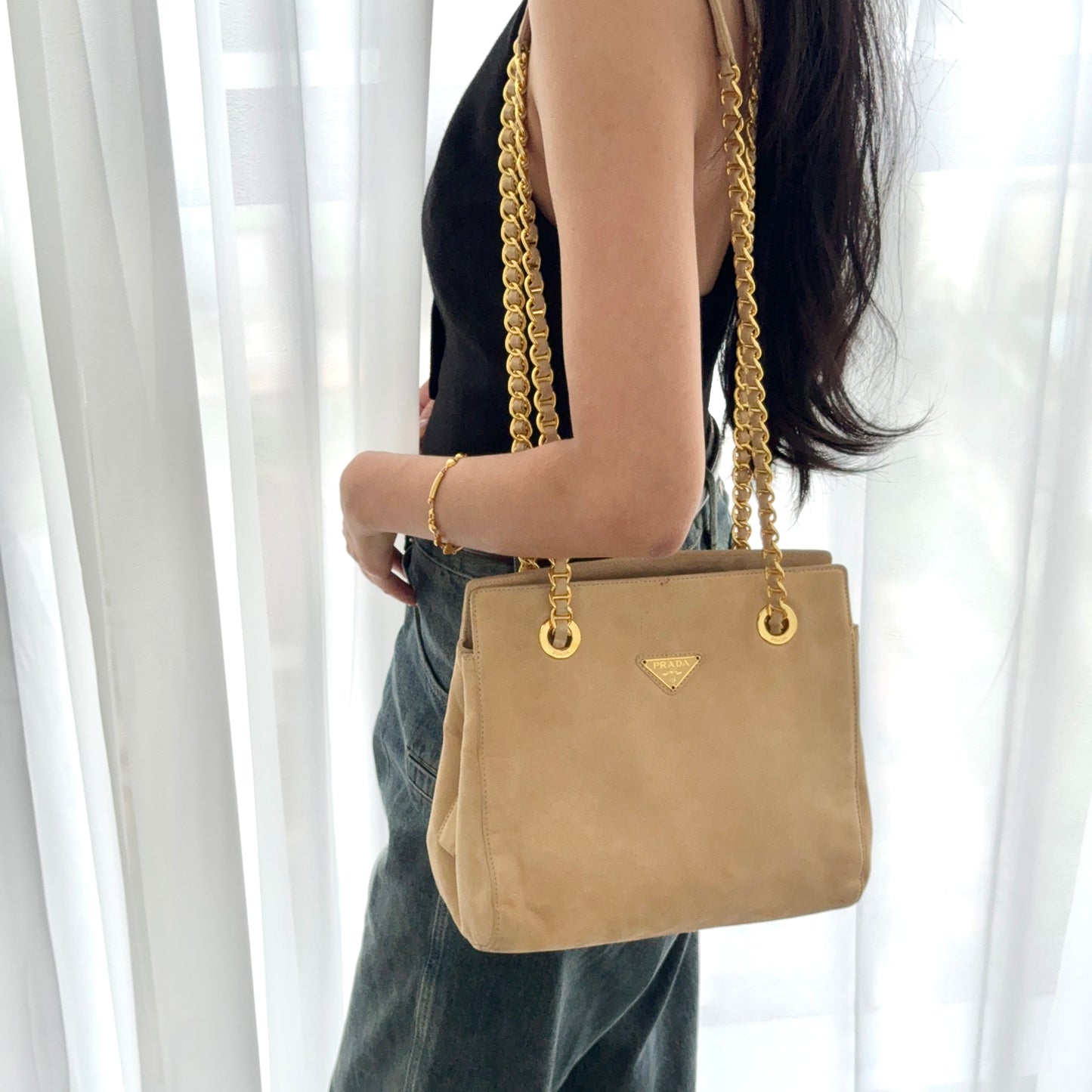 Prada Small Tote in Beige Suede